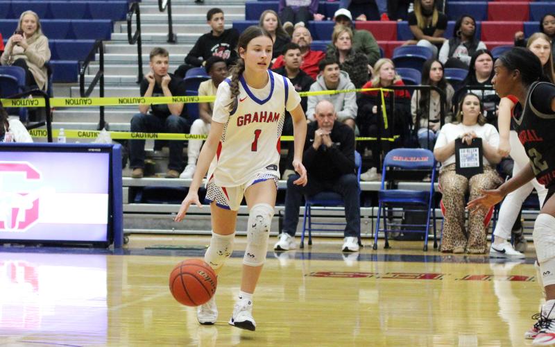 (ALEX HAVARDANSKY | THE GRAHAM LEADER) Addison Gober commands the offense Tuesday, Feb. 10 against the Mineral Wells Lady Rams. Gober got starting experience on the varsity team during district play and will look to be a key piece of the Lady Blues in the future. 
