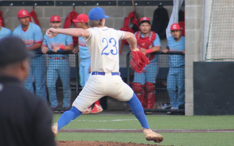 (ALEX HAVARDANKSY | THE GRAHAM LEADER) Ryder Taylor up on the mound again in the Steers second round matchup Friday, May 9 against the FW Castleberry Lions. Taylor was once again solid not surrendering any runs. 