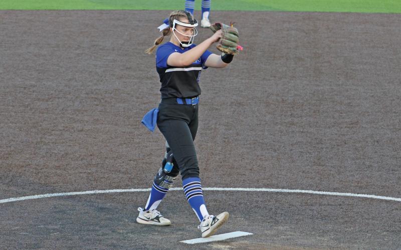 (ALEX HAVARDANSKY | THE GRAHAM LEADER) Zoey Harrell takes the mound for the Lady Blues in their Tuesday, April 1 matchup against the Lady Rams. After giving up a pair of runs in the first inning, Harrell refocused and put up four consecutive zero run innings.