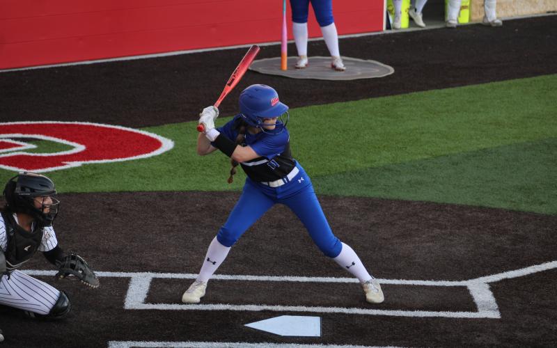 (ALEX HAVARDANSKY | THE GRAHAM LEADER) The Graham Leader recognizes Jansyn Louder as this week’s Athlete of the Week. Louder made contact with the ball for the go-ahead hit in the Lady Blues’ matchup against the Windthorst Trojanettes. 