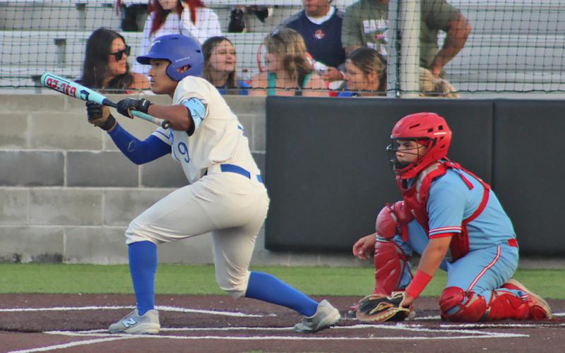 (ALEX HAVARDANKSY | THE GRAHAM LEADER) Mike Garcia attempts a bunt Friday, May 9 against the FW Castleberry Lions. Garcia scored on a wild pitch to give Graham a 3-0 lead.