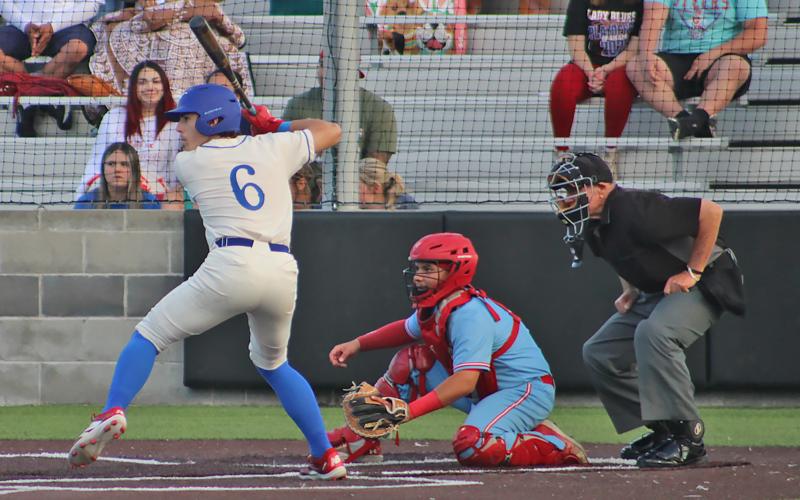 (ALEX HAVARDANKSY | THE GRAHAM LEADER) Tripp Mahaney stands ready at the plate Friday, May 9 against the FW Castleberry Lions. Mahaney kicked off the scoring for Graham on a bases loaded walk.
