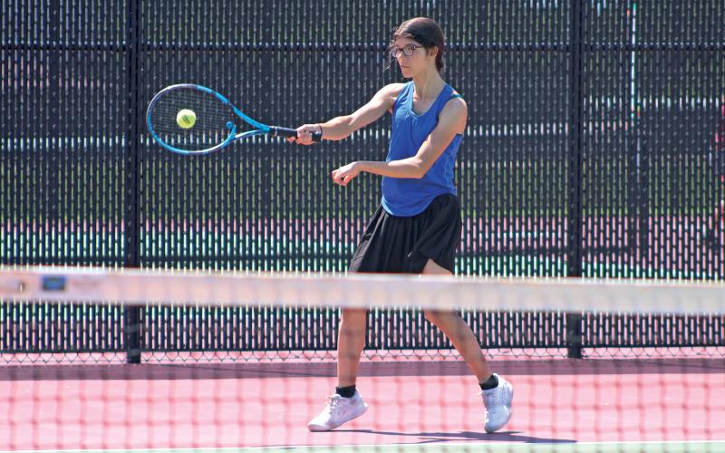 (RYAN SCHMIDT | CONTRIBUTED PHOTO) The Lady Blues saw multiple strong performances in their district tournament matches April 23-24 in Brownwood. Jade Dospapas finished second in the girls singles tournament, Stacey Gonzalez (shown above) finished fourth and Kline Krupp and Heather Wright finished fourth in the girls doubles tournament.