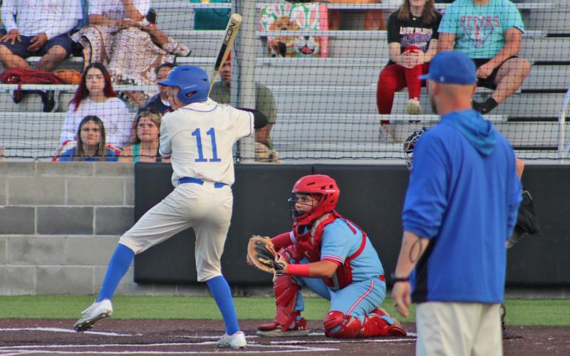 (ALEX HAVARDANKSY | THE GRAHAM LEADER) Tanner Hurford up at the plate Friday, May 9 against the FW Castleberry Lions. Hurford has been a consistent presence at second base for the Steers this season.