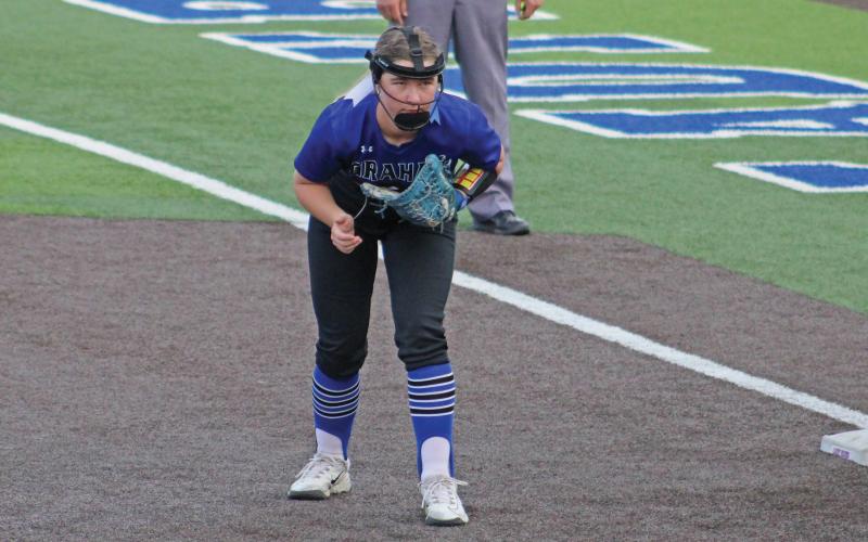 (ALEX HAVARDANSKY | THE GRAHAM LEADER) Larissa Warren standing at the ready at first base Tuesday, April 1 for the Lady Blues. Warren and Louder have formed a solid one-two punch at the top of the lineup for the Lady Blues this season.