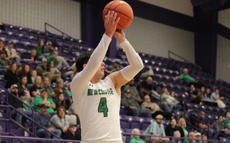 (ALEX HAVARDANSKY | THE GRAHAM LEADER) Rylan Hinojosa shoots a three pointer Monday, Feb. 23 against the Bellevue Eagles. Hinojosa hit a three pointer and scored five points in the Bi-District matchup. 