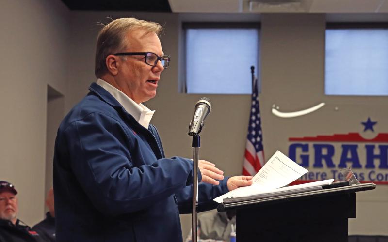 (THOMAS WALLNER | THE GRAHAM LEADER) Graham City Manager Eric Garretty gives a presentation on the upcoming budget for the city during a workshop Thursday, Feb. 13. The workshop was the first budget planning meeting for the Graham City Council and provided them with the core issues they would be facing as they approach an August adoption date.