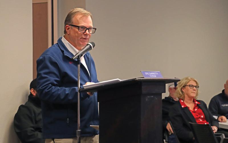 (THOMAS WALLNER | THE GRAHAM LEADER) City Manager Eric Garretty speaks with the community and Graham City Council during early budget discussions in February. The city will be holding a public hearing this week regarding proposed increases to water and sewer rates among other hearings this month.