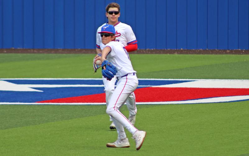 (ARCHIVE PHOTO | THE GRAHAM LEADER) Toby Boenisch fires a throw to first in one of the Steers previous matchups. Beonisch has served the Steers this season as an infielder. 
