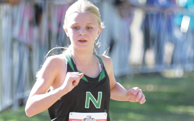 (WHARTON COUNTY LEADER-JOURNAL | CONTRIBUTED PHOTO) Ladycat Allison Melton makes her way around the state meet cross country course Friday, Oct. 31. Melton was the top finisher for the Ladycats, finishing 19th out of 145 runners. 