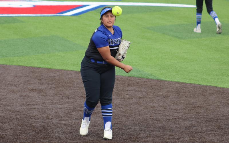 (ALEX HAVARDANSKY | THE GRAHAM LEADER) Alexis Aguirre throws a ball over to first in one of the Lady Blues previous matchups. The Lady Blues went into spring break defeating the Graford Lady Rabbits in a matchup Monday, March 9 by a score of 11-5. 