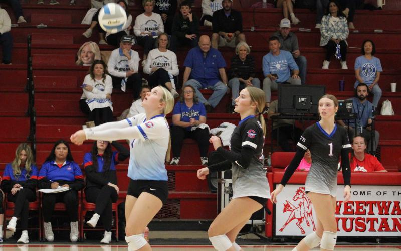 (ALEX HAVARDANSKY | THE GRAHAM LEADER) Kaden Atwood prepares to set a ball for her Lady Blues teammates Thursday, Oct. 30, against the Frenship Memorial Lady Panthers. Atwood picked up 17 digs and an ace at the service line in her final game of her high school career. 