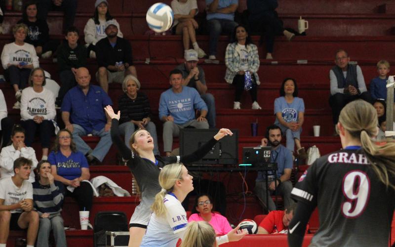 (ALEX HAVARDANSKY | THE GRAHAM LEADER)  Katy McGehee prepares to jump in the air for a kill attempt Thursday, Oct. 30, against the Frenship Memorial Lady Panthers. McGehee will be one of the leaders of this team next season being she is only a junior.