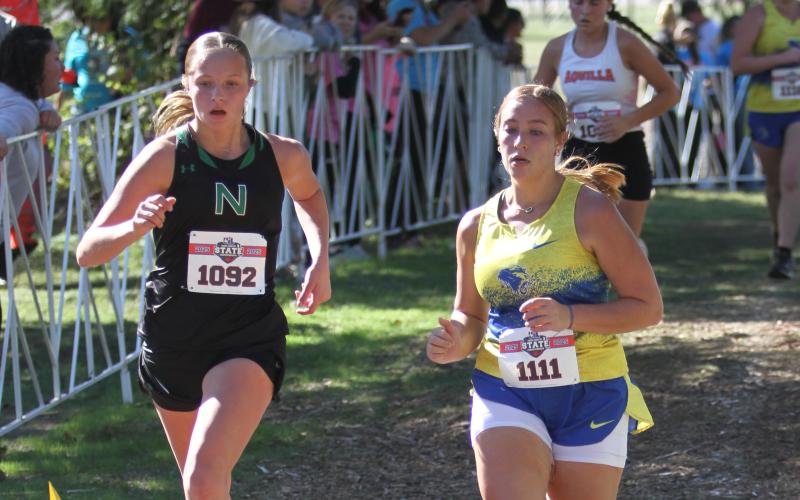(Wharton County Leader-Journal) Sarah Northington races against a Saltillo runner at the state cross country meet Friday, Oct. 31. Northington finished in place 134 out of 145 runners and helped Newcastle finish in the top 15 of teams at the meet. 