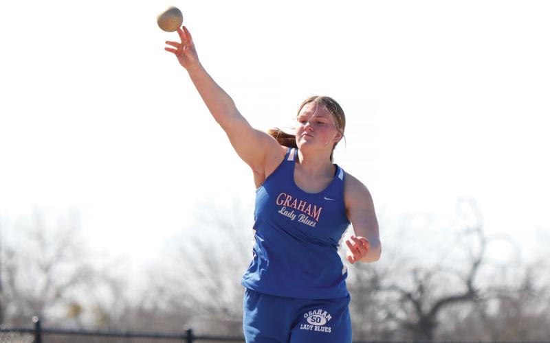 (KYLIE BAILEY | THE GRAHAM LEADER) Addyson Weaver showcased her talent during the Ram Relays in Mineral Wells held Saturday, Feb. 22, with two first place awards in shot put and discus. The Lady Blues JV and varsity teams both came away from the relay with overall first place standings.