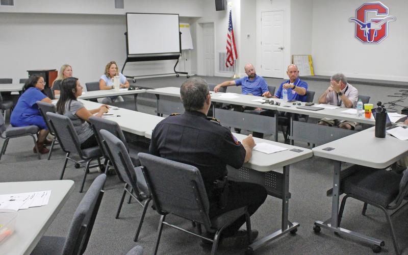 (TC GORDON | THE GRAHAM LEADER) Members of the Graham ISD Safety and Security Committee meet Thursday, Aug. 8 before the start of the school year. The board received a number of updated from Superintendent Sonny Cruse regarding safety measures.