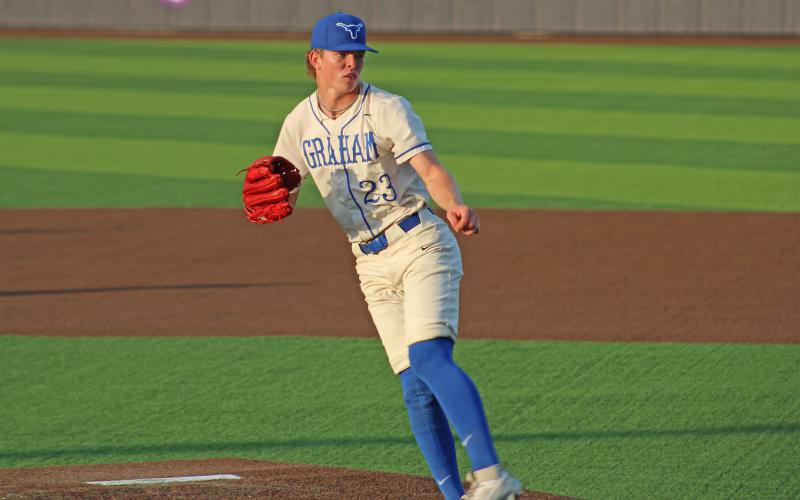 (ALEX HAVARDANSKY | THE GRAHAM LEADER) Ryder Taylor up on the bump for the Steers Thursday, May 22. Taylor earned co-pitcher of the year honors from the district for his efforts this season.