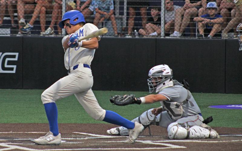 (ALEX HAVARDANSKY | THE GRAHAM LEADER) Harison Brockway makes contact with a ball Thursday, May 22 against the Brock Eagles. Brockway earned co-defensive player of the year honors for his efforts at Shortstop this season for the Steers.