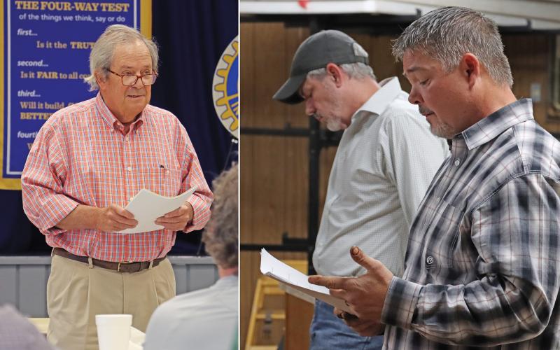 (THOMAS WALLNER | THE GRAHAM LEADER) At left, Wayne Christian speaks to the Rotary Club of Graham regarding the proposed data center project in Young County. At right, Ryan Mote and Travis Kunkel speak to the community at a public event for the opposition group for data centers in Young County held Tuesday, Nov. 4. 