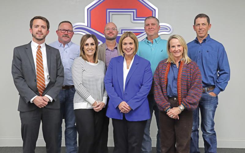 (THOMAS WALLNER | THE GRAHAM LEADER) Graham ISD Board of Trustees members pose with the new superintendent of Graham ISD, Dr. Mary Johnston. Shown from left to right are John Brown, Jason Smith, Lauren Mahaney, Chris Blanton, Johnston, Brandon Bates, Kristina Pettus and Brandon Joy. 