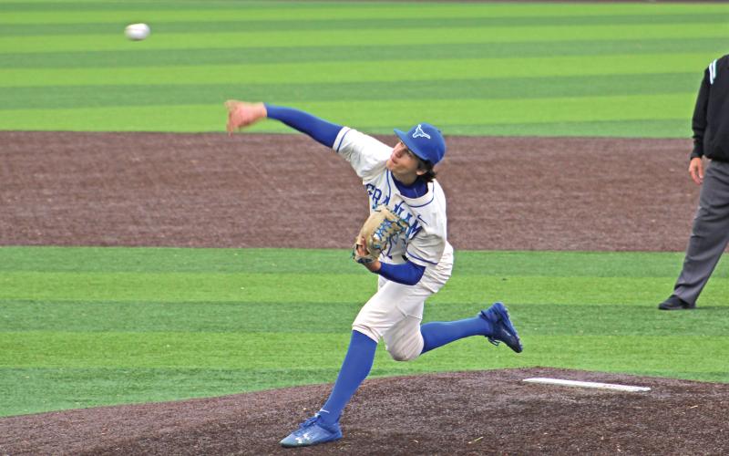 (ALEX HAVARDANSKY | THE GRAHAM LEADER) Bruin Wright replaces Garcia with runners on base Friday, April 4 against the Brownwood Lions. Graham struggled in the early innings trying to stop Brownwood’s offensive attack.