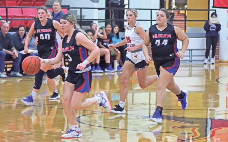 (ARCHIVE PHOTO | THE GRAHAM LEADER) Graham’s Mayci Ryans (3) brings the ball up the court in transition with teammates around her during a game earlier in the season. The Lady Blues picked up another victory Tuesday, Dec. 10 over the Windthorst Trojanettes. 