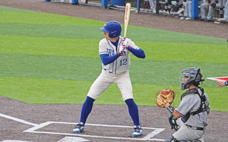 (ALEX HAVARDANSKY | THE GRAHAM LEADER) Ty Thompson up at the plate for the Steers batting order Friday, April 4. Thompson is one of the veteran leaders on the team and one of the team’s graduating seniors.