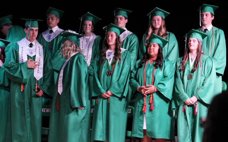 (ALEX HAVARDANSKY | THE GRAHAM LEADER) Newcastle graduates stand ready to flip their tassels from one side of their cap to the other Friday, May 23. This tradition symbolizes a student's shift from being a senior to an alumna. 