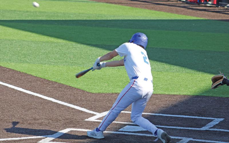 (ALEX HAVARDANSKY | THE GRAHAM LEADER) Bryce Martin takes a swing at a ball on offense in the bottom of the second inning Tuesday, April 8 against the Mineral Wells Rams. Martin was essential for the Steers offensively and on the base paths. 