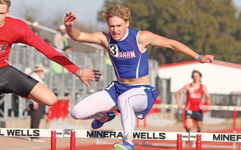 (KYLIE BAILEY | THE GRAHAM LEADER) Andon Masterfield and the rest of the Steers varsity team got to show off their skills in the track and field season opener at the Ram Relays in Mineral Wells held Saturday, Feb. 22. Masterfield and other Steers ran away with first place in multiple events.