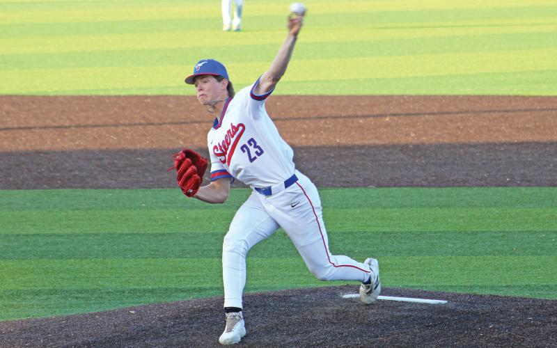(ALEX HAVARDANSKY | THE GRAHAM LEADER) Athlete of the Week Ryder Taylor makes the start for Graham during their game Tuesday, April 8. Taylor had a dominant pitching performance while also putting in work defensively at centerfield. 