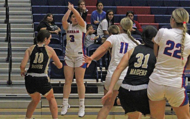 (ALEX HAVARDANKSY | THE GRAHAM LEADER) Mayci Ryans shoots a three pointer from the corner Tuesday, Nov. 11 against the Haskell Lady Indians. Ryans was a valuable contributor in the scoring department as the Lady Blues went on to beat the Lady Indians 61-51 in their season opener. 