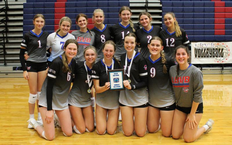 (ALEX HAVARDANSKY | THE GRAHAM LEADER) The Lady Blues celebrate their second place finish at the 2024 Lu Allen Memorial Volleyball Tournament. The team will be looking to generate similar success this upcoming tournament.