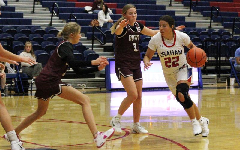 (ALEX HAVARDANSKY | THE GRAHAM LEADER) Maddyx Marin drives with the ball Thursday, Nov. 20 against the Bowie Lady Rabbits. Marin was an effective scorer and distributor in the Lady Blues 48-13 win.