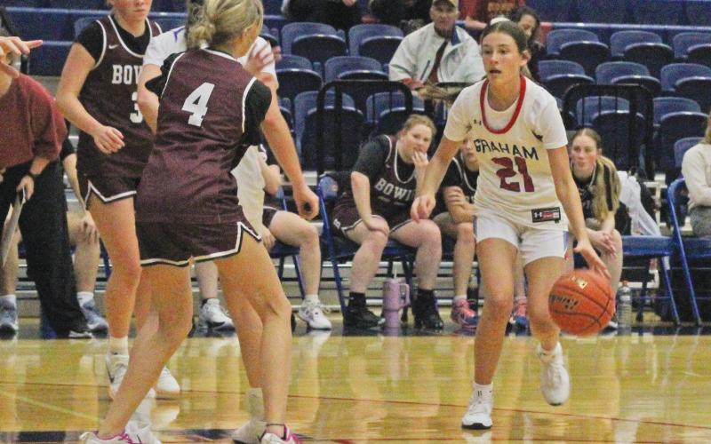 (ALEX HAVARDANKSY | THE GRAHAM LEADER) The Graham Leader is recognizing Addison Gober of the junior varsity Lady Blues as this week’s athlete of the week. Gober led the team in scoring Thursday, Nov. 20 with 24 points in a blowout victory over the Bowie Ladyrabbits. 