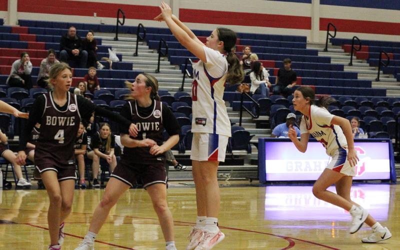 (ALEX HAVARDANSKY | THE GRAHAM LEADER) Gabriella Noyola shoots a midrange jumpshot Thursday, Nov. 20 against the Bowie Lady Rabbits. The Defense was dominant in the Lady Blues 48-13 victory.