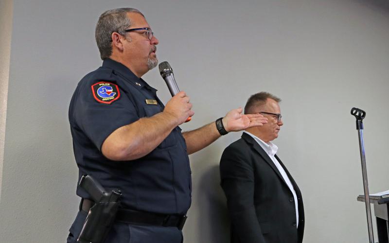 (THOMAS WALLNER | THE GRAHAM LEADER) Graham Police Chief Brent Bullock speaks during a budget workshop Tuesday, Feb. 17 about the Student Resource Officer position with Graham ISD. The Graham City Council voted to renegotiate the cost split with the district and the potential of another officer.