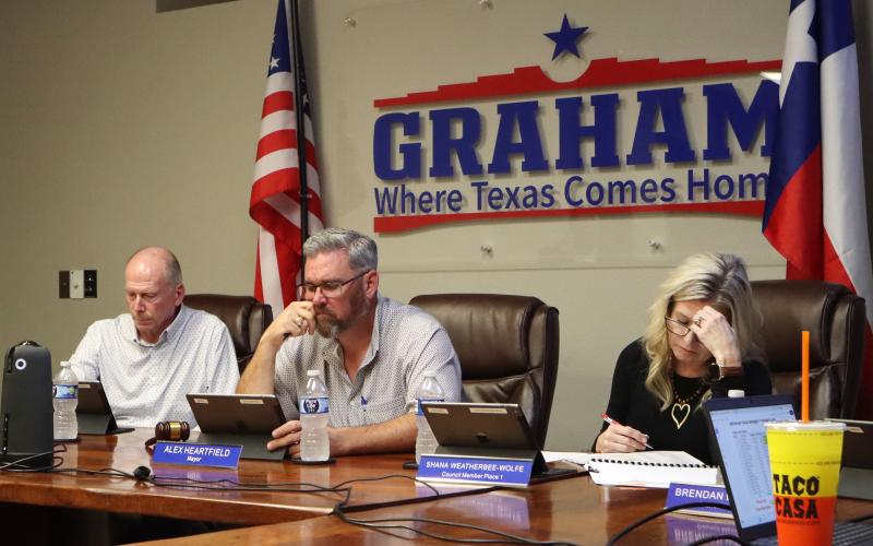 (THOMAS WALLNER | THE GRAHAM LEADER) Members of the Graham City Council listen to a presentation from City Manager Eric Garretty regarding the upcoming fiscal year budget. The council began discussions on the budget during their meeting Tuesday, Feb. 17 as they work to address a number of key issues in the city.