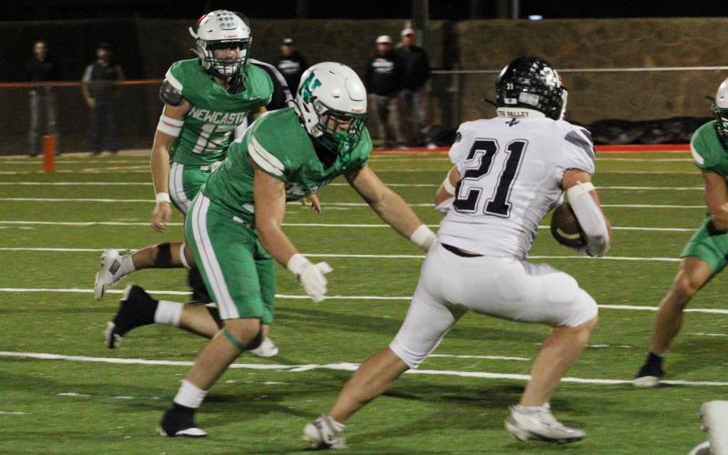 (ALEX HAVARDANKSY | THE GRAHAM LEADER) Cooper Clayton runs up to make a tackle on a Wildcats runner Friday, Nov. 21. Clayton was effective putting pressure on Water Valley’s offense and picking up key tackles.