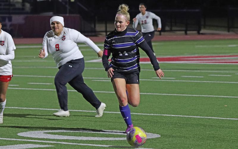 (THOMAS WALLNER | THE GRAHAM LEADER) Olivia Pettus was one of four Lady Blues seniors that were recognized Tuesday, March 4 during the senior night game against the Mineral Wells Lady Rams. Pettus has been a powerhouse for the team and one of the key players that has helped them to make strides throughout the season.