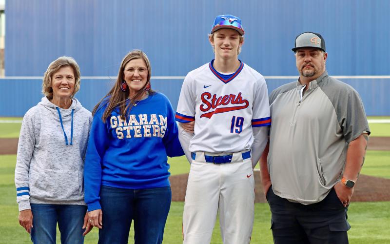(THOMAS WALLNER | THE GRAHAM LEADER) Senior Jaden Neal was recognized during senior night Tuesday, March 17.