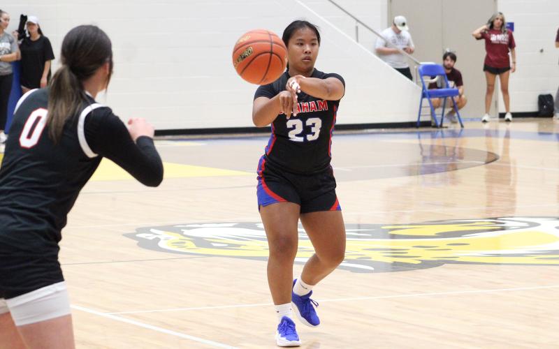 (ALEX HAVARDANSKY | THE GRAHAM LEADER) Rebecca McGregor takes a shot against the West Texas all stars Friday, June 6. While McGregor wasn’t able to score, her defense and facilitating helped team east pick up a dominant win. 
