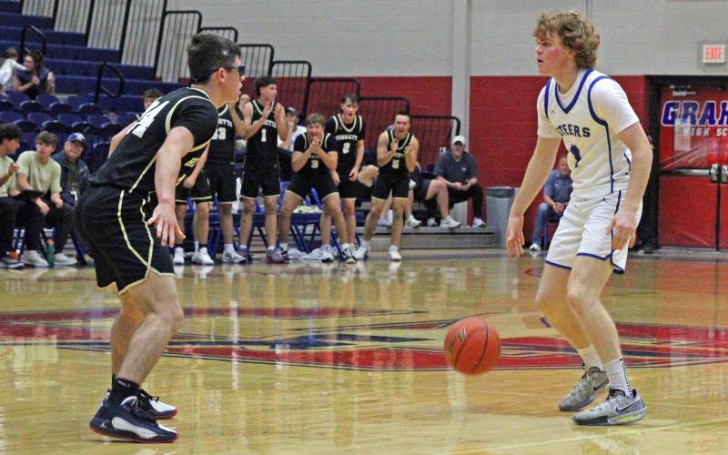 (ALEX HAVARDANKSY | THE GRAHAM LEADER) Tyler Allen dribbles the ball up court Tuesday, Dec. 9 against Henrietta. The Steers lost to the Bearcats 63-39. With this loss, the Steers’ record moves to 4-1.