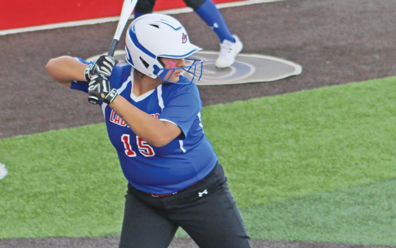 (ALEX HAVARDANSKY | THE GRAHAM LEADER) Gabriella Reyes stands ready at the plate for the Lady Blues during their game Tuesday, March 19 against the Stephenville Honeybees at Hogan Field.