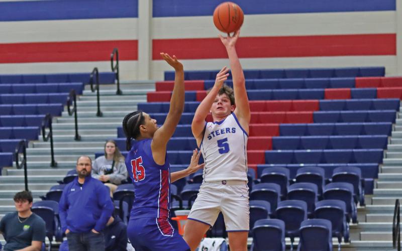 (THOMAS WALLNER | THE GRAHAM LEADER) Graham's Cooper Corley has been an asset for the Graham team this year and helped to make plays across the court. In the most recent game against Abilene Cooper, Corley led in scoring and was a part of the battle put on by the team to attempt to close the scoring gap.