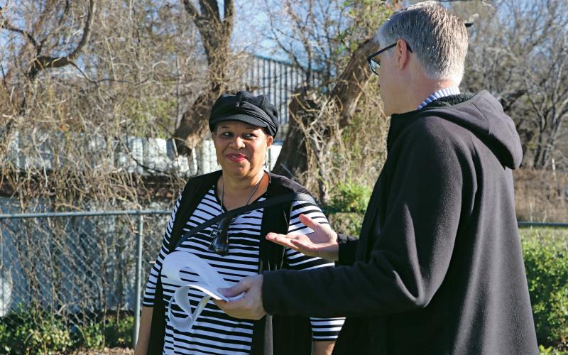 (KYLIE BAILEY | THE GRAHAM LEADER) Rev. Vanessa Sims speaks to Young County Judge Win Graham. Both were on-site during the first day of the Texas Tech University archaeological study at the Oak Grove Colored-William P. Johnston Memorial Cemetery.