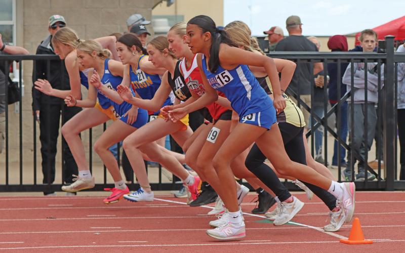 (THOMAS WALLNER | THE GRAHAM LEADER) Angela Fuentes takes off with other participants in the 800 Meter Run at the PK Relays held Saturday, March 15 in Graham. Fuentes competed in both the 800 Meter Run and the 1600 Meter Run events.