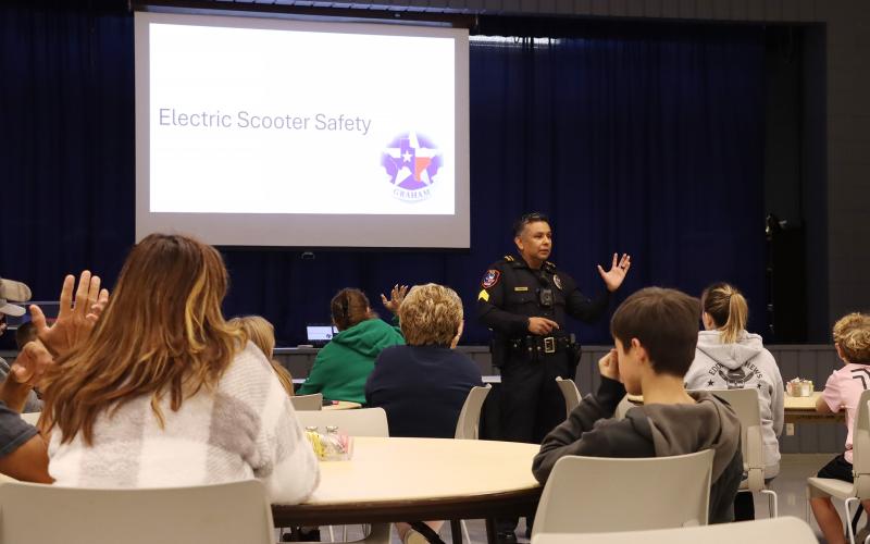 (THOMAS WALLNER | THE GRAHAM LEADER) Graham Police Department Sergeant Pedro Marrufo provides an informational class Wednesday, Jan. 21 on electronic scooter safety and laws related to the Texas Transportation Code.