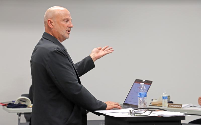 (THOMAS WALLNER | THE GRAHAM LEADER) Graham ISD Business Manager Don Davis held a budget workshop with the GISD Board of Trustees during their meeting Wednesday, Aug. 14. Following the workshop, the board approved the proposed budget and tax rate.