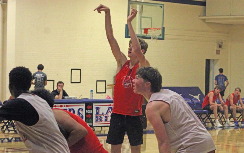 (ALEX HAVARDANKSY | THE GRAHAM LEADER) Jaden Neal attempts a free throw against Wichita Falls Christian in their matchup Tuesday, Sept. 30. The Steers defeated Wichita Falls Christian by a score of 43-25 using physical defense and taking better shot attempts. 